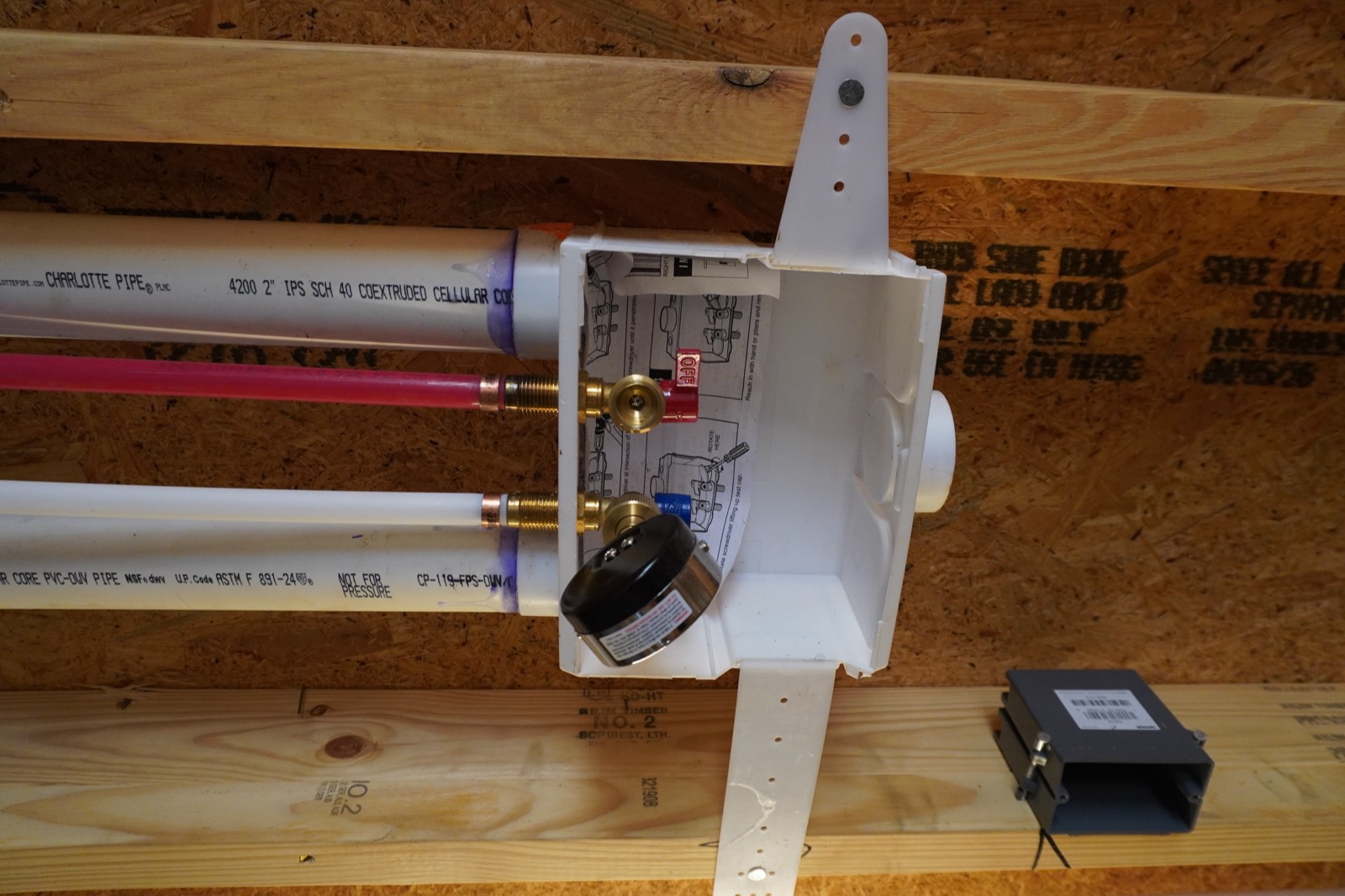 Washer box with hot and cold shut-off valves, PEX supply and a PVC standpipe
