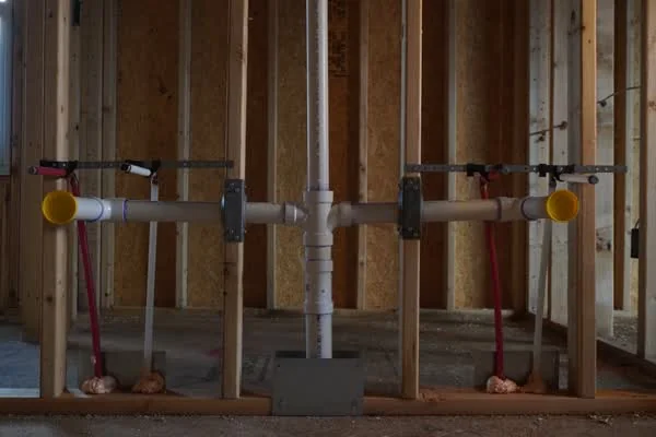 Two lavatory rough-ins either side of a vent stack, strapped to strut across a framed wall
