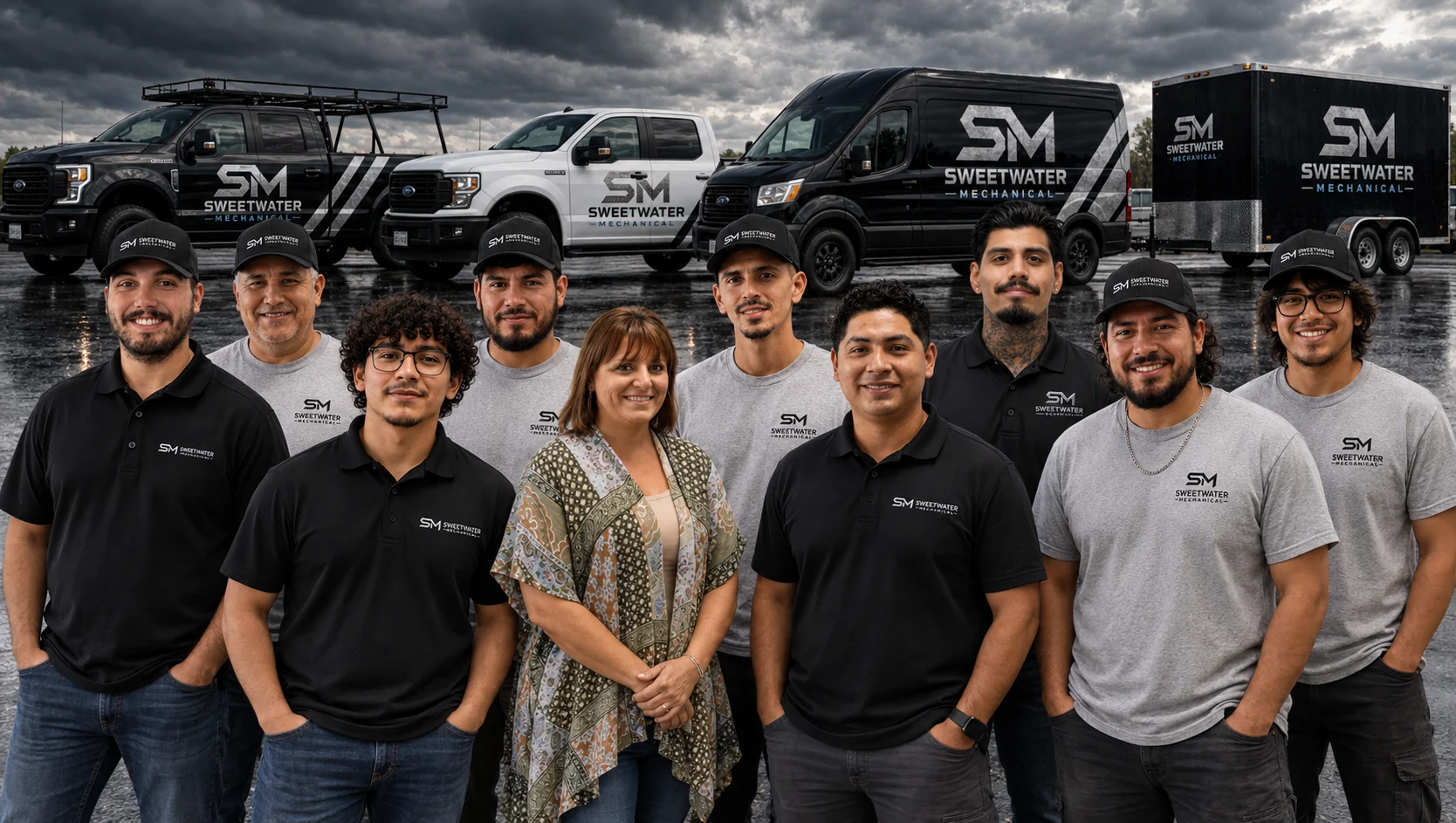 Sweetwater Mechanical team pictured with branded trucks, van and trailer